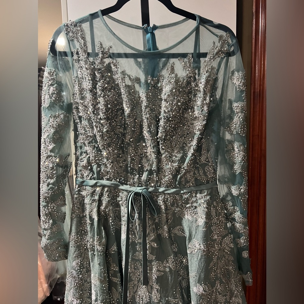 Bow belt illusion teal length evening gown - Picture 7 of 10